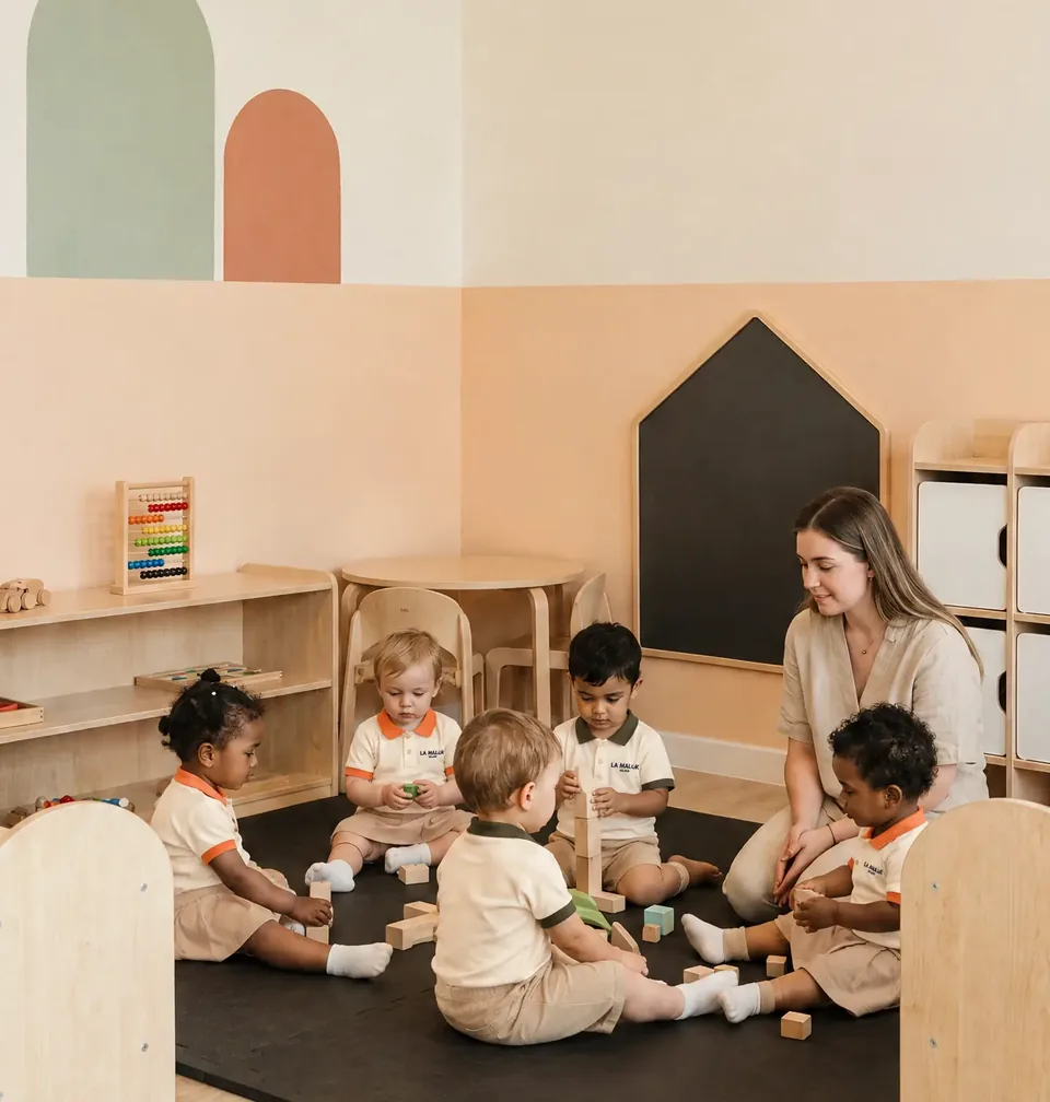 Children in La Maluk Village uniforms playing with a teacher in a bright classroom