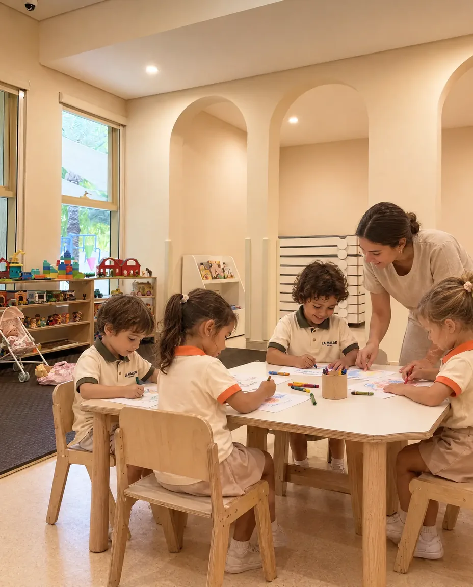 Children in La Maluk Village uniforms drawing at a table with their teacher
