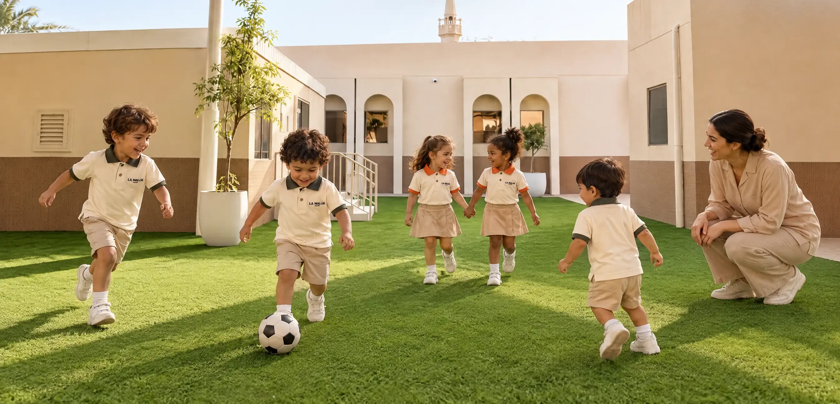 Children in La Maluk Village uniforms playing in the shaded courtyard
