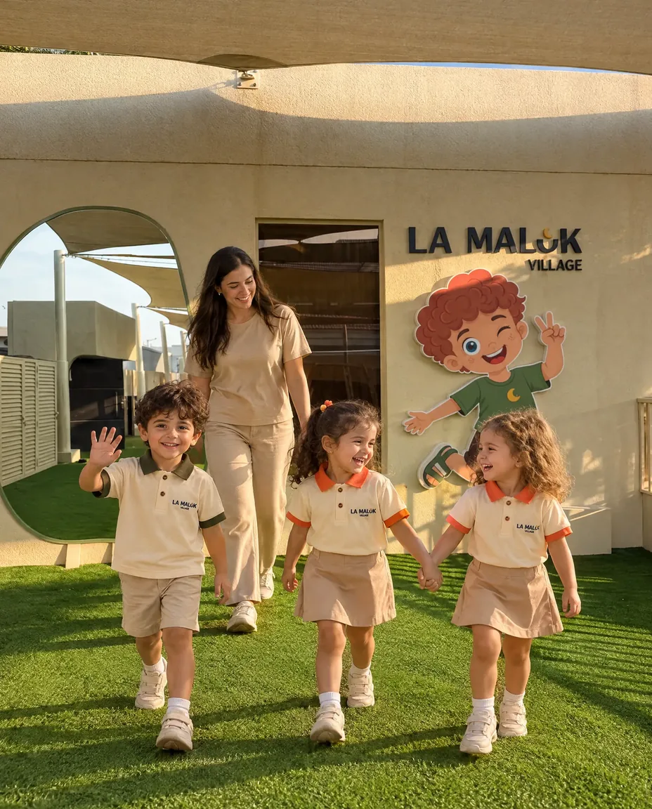 Children in La Maluk Village uniforms with a teacher in the outdoor play area